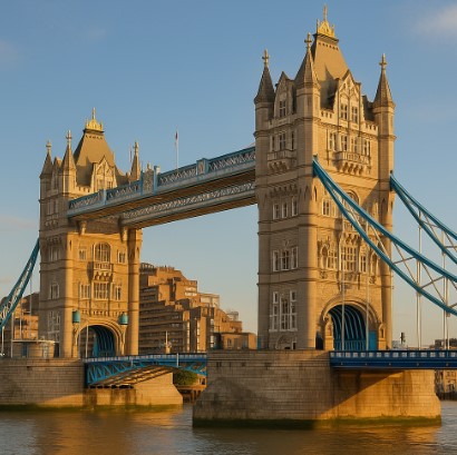 황금빛 저녁 햇살 아래 고딕 양식 런던 타워브리지가 템스강을 가로지르는 모습
