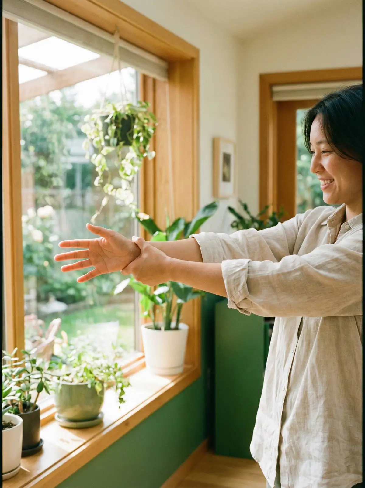 손바닥을 앞으로 향하게 하고 손가락을 몸 쪽으로 당겨주는 스트레칭 동작