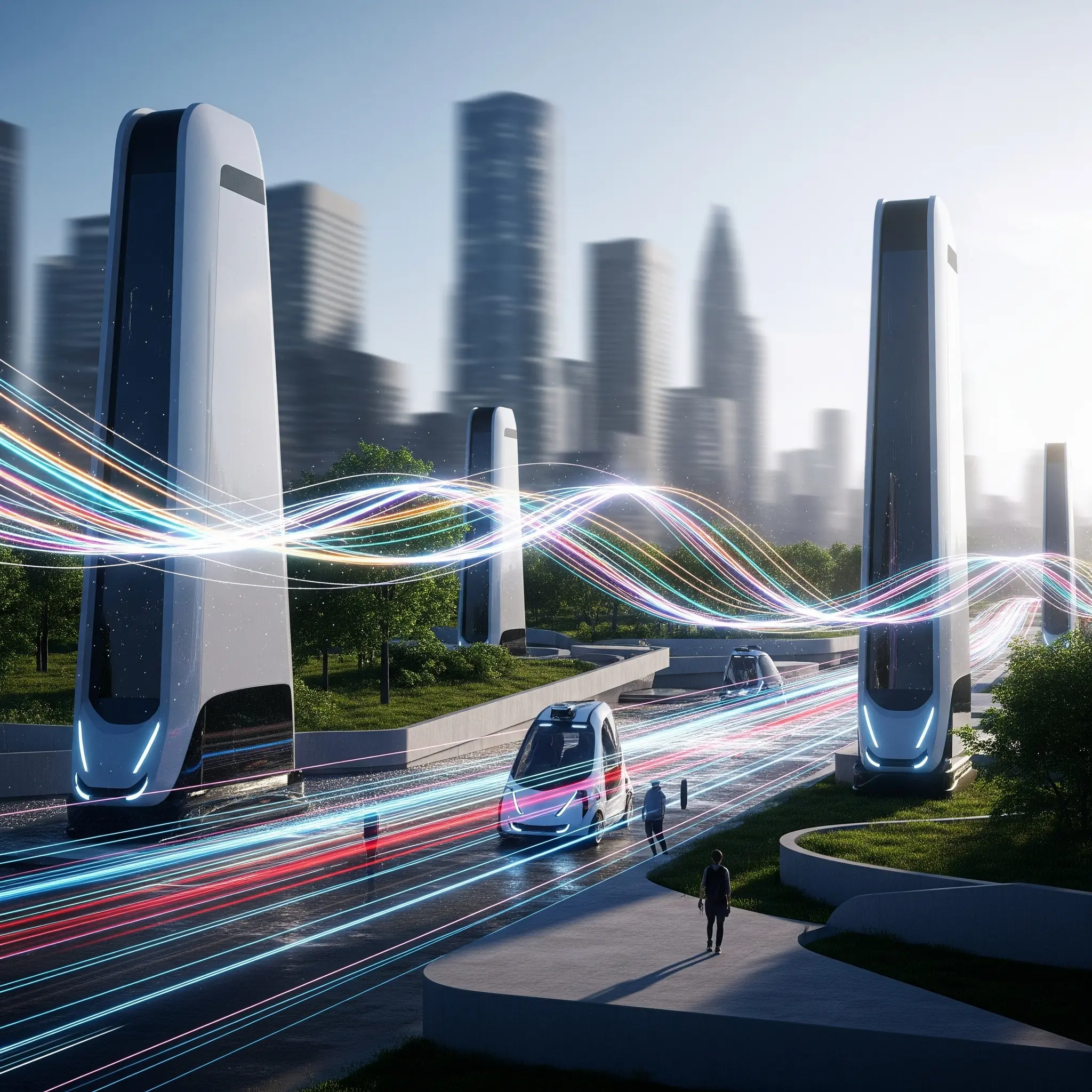 미래 자율주행차 도시 풍경
세련된 미래형 자율주행차가 고층 빌딩과 녹지가 어우러진 미래 도시 고속도로를 달리는 모습. 차량 내부에는 운전대 없이 편안하게 쉬는 승객들의 모습이 보인다.