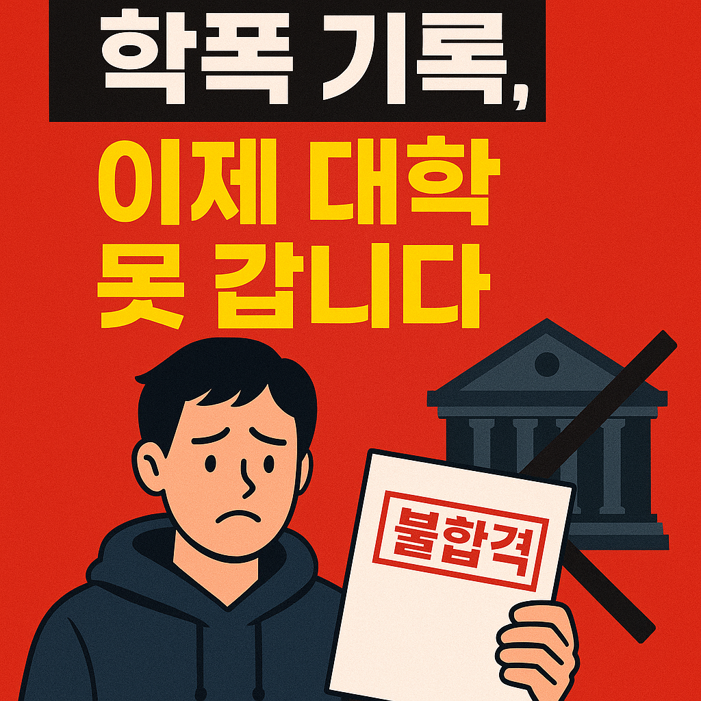 &ldquo;학교폭력 전력 때문에 대학 입시에서 불합격되는 상황을 경고하는 그래픽 이미지&rdquo;