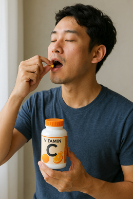 아시아인 남성이 비타민C 보충제를 복용하려고 하는 장면
짧고 약간 헝클어진 짙은 갈색 머리를 가진 20대 중후반의 젊은 남성이 부드럽게 웃으며 손에 든 비타민C 알약을 입에 넣으려 하고 있다
남성은 네이비 블루 티셔츠를 입고 있으며 손에는 주황색 라벨이 붙은 비타민C 보충제 병을 들고 있다
배경은 부드럽고 빛이 가득한 실내 공간으로 인물의 얼굴과 보충제 병에 초점이 맞춰져 있다
전체적으로 따뜻하고 건강한 분위기의 자연광이 들어오는 아침 시간대 느낌의 사진이다