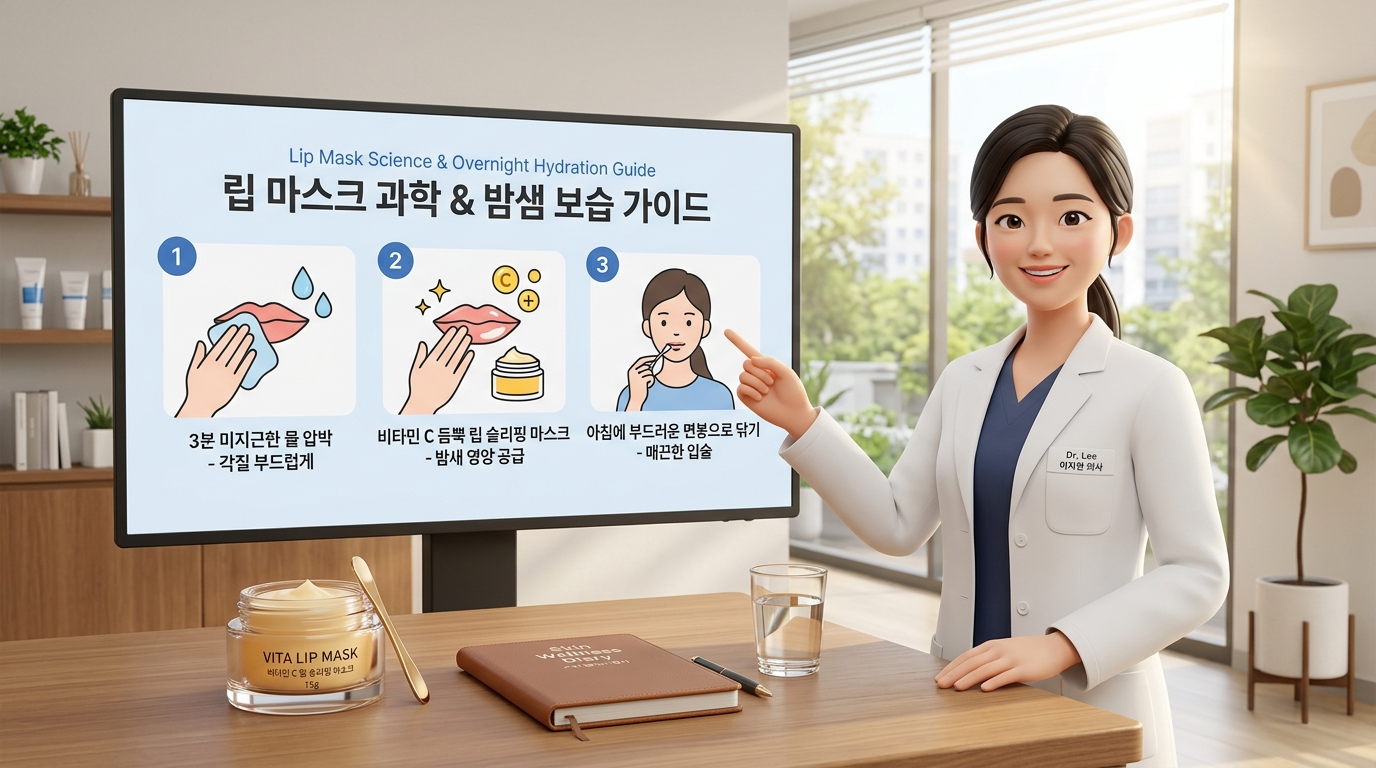 청정하고 세련된 분위기의 대학병원 피부과 진료실에서 보건 의학 전문가 선생님이 대형 인포그래픽 모니터를 가리키며 손톱으로 입술 각질을 뜯어낼 때 유발되는 상피 세포막 붕괴 및 만성 박탈성 구순염 생리학적 메커니즘을 조목조목 설명하고, 립 마스크(Lip Mask)의 과학 관리 수칙과 밤사이 입술 각질을 완벽하게 제거하고 수분을 채우는 립 슬리핑 팩 활용법에 대한 정답으로 취침 전 미온수 거즈 완충 불림 수칙, 고농축 밤샘 수분 코팅 및 면봉 세정 행동 수칙을 환자에게 다정하게 안내해 주는 현대적이고 깔끔한 3D 렌더링 이미지.