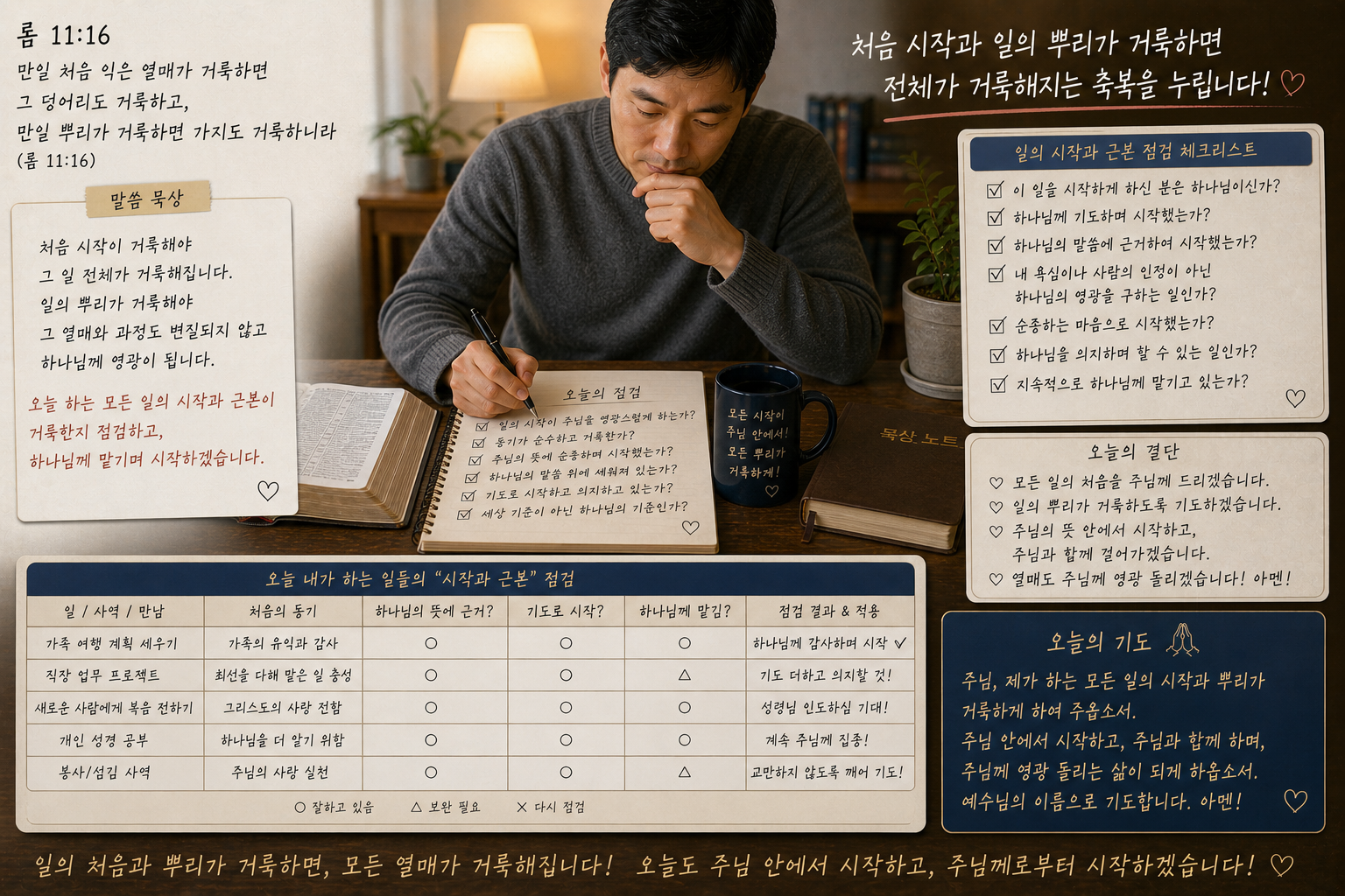 롬 11:16 말씀에서 처음 시작과 일의 뿌리가 거룩하게 되도록 함으로써 전체가 거룩하게 되는 축복을 누리기 위해 일의 시작과 그 근본이 거룩한지를 점검하는 시간을 가질 것을 적용하는 모습입니다.