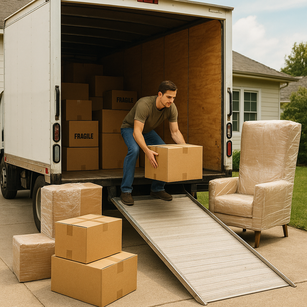 남자가 이사 박스를 트럭 안으로 옮기는 모습