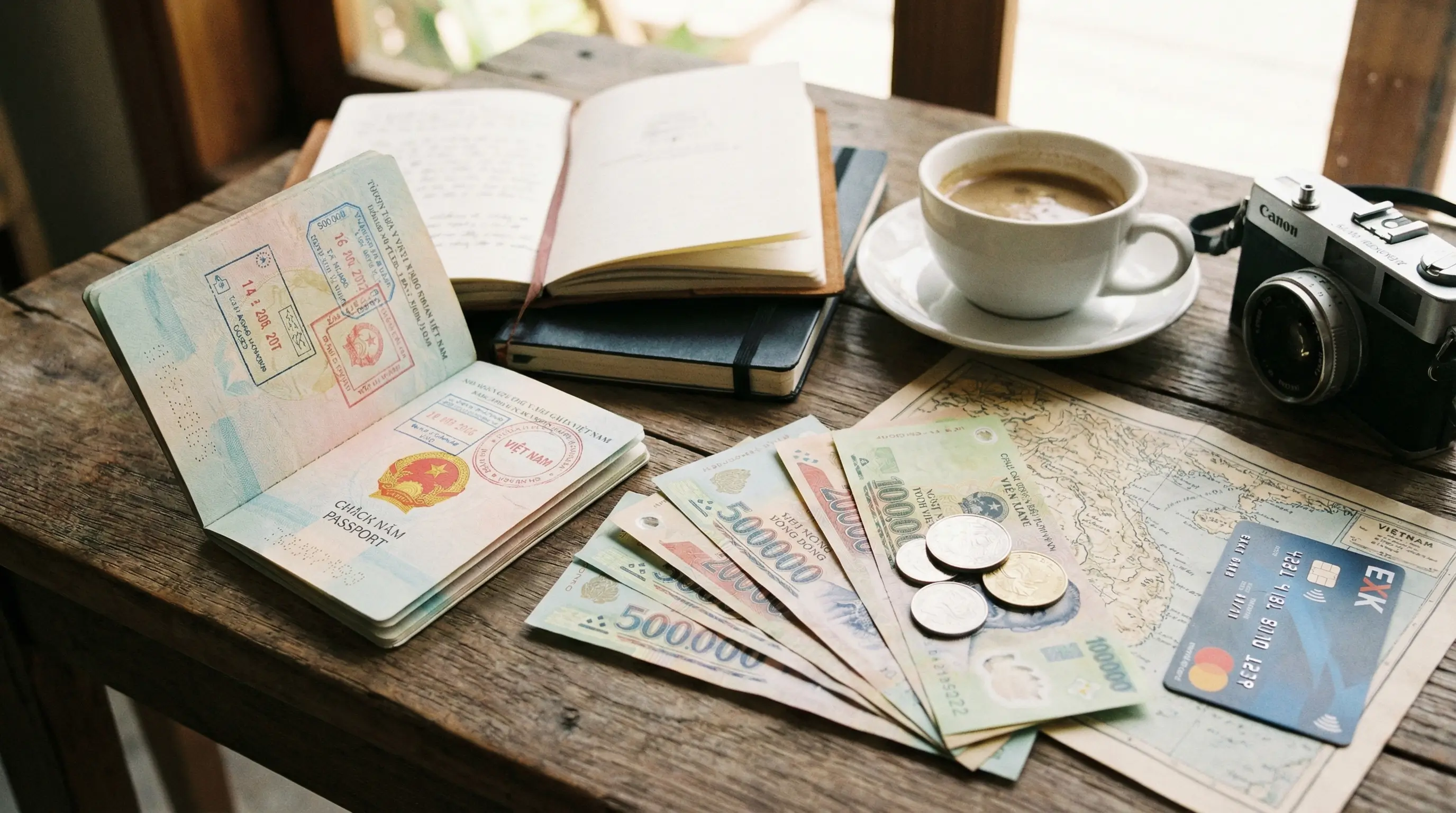 베트남 여행 준비물로 여권, 베트남 동(VND) 지폐, 그리고 EXK 카드를 테이블 위에 펼쳐놓은 감성적인 사진