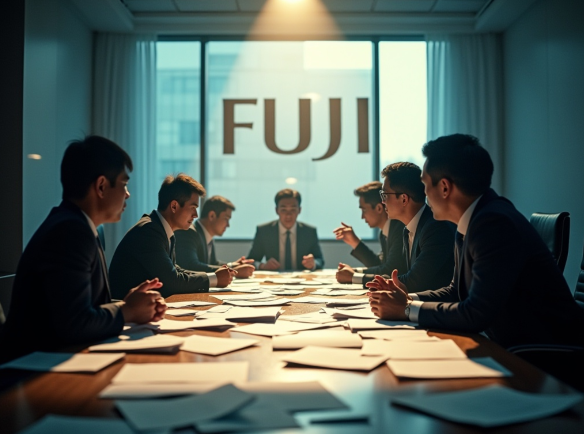 후지TV 사내에서 위기 극복을 위해 회의 중인 임원들의 모습