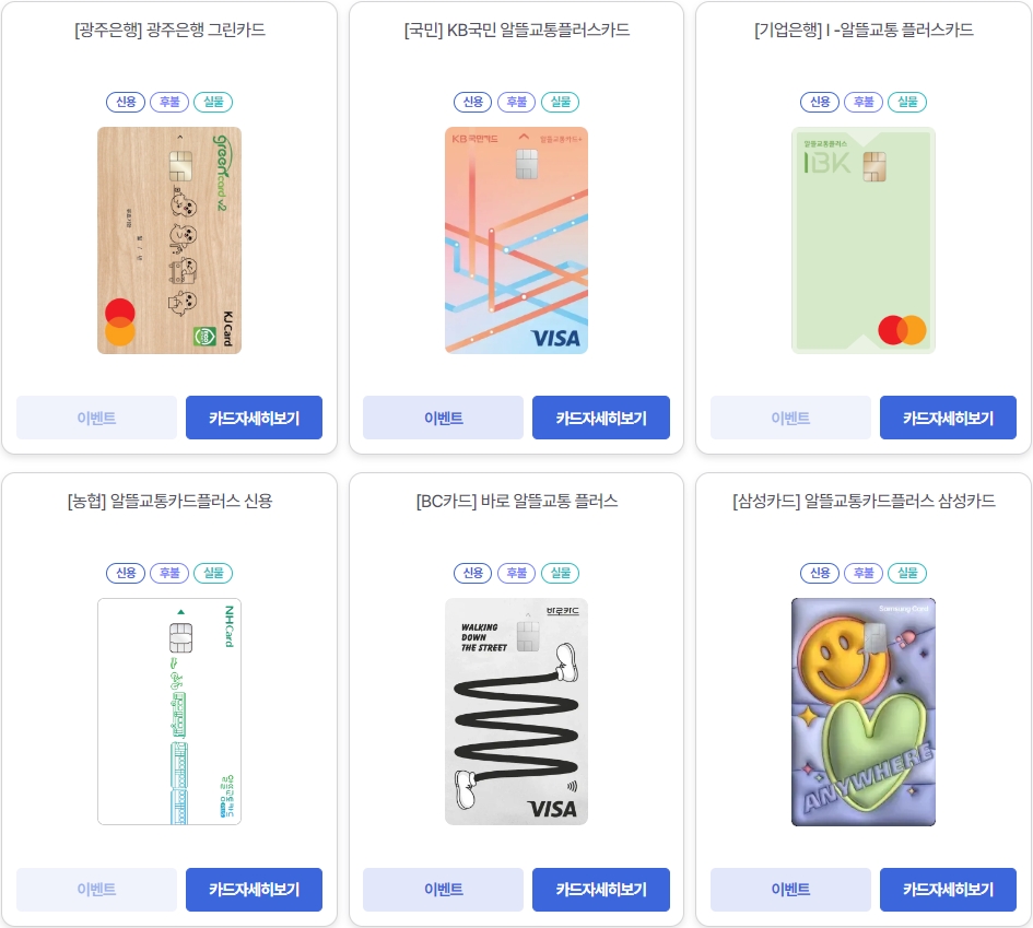 알뜰교통카드 사용 가능 카드 리스트