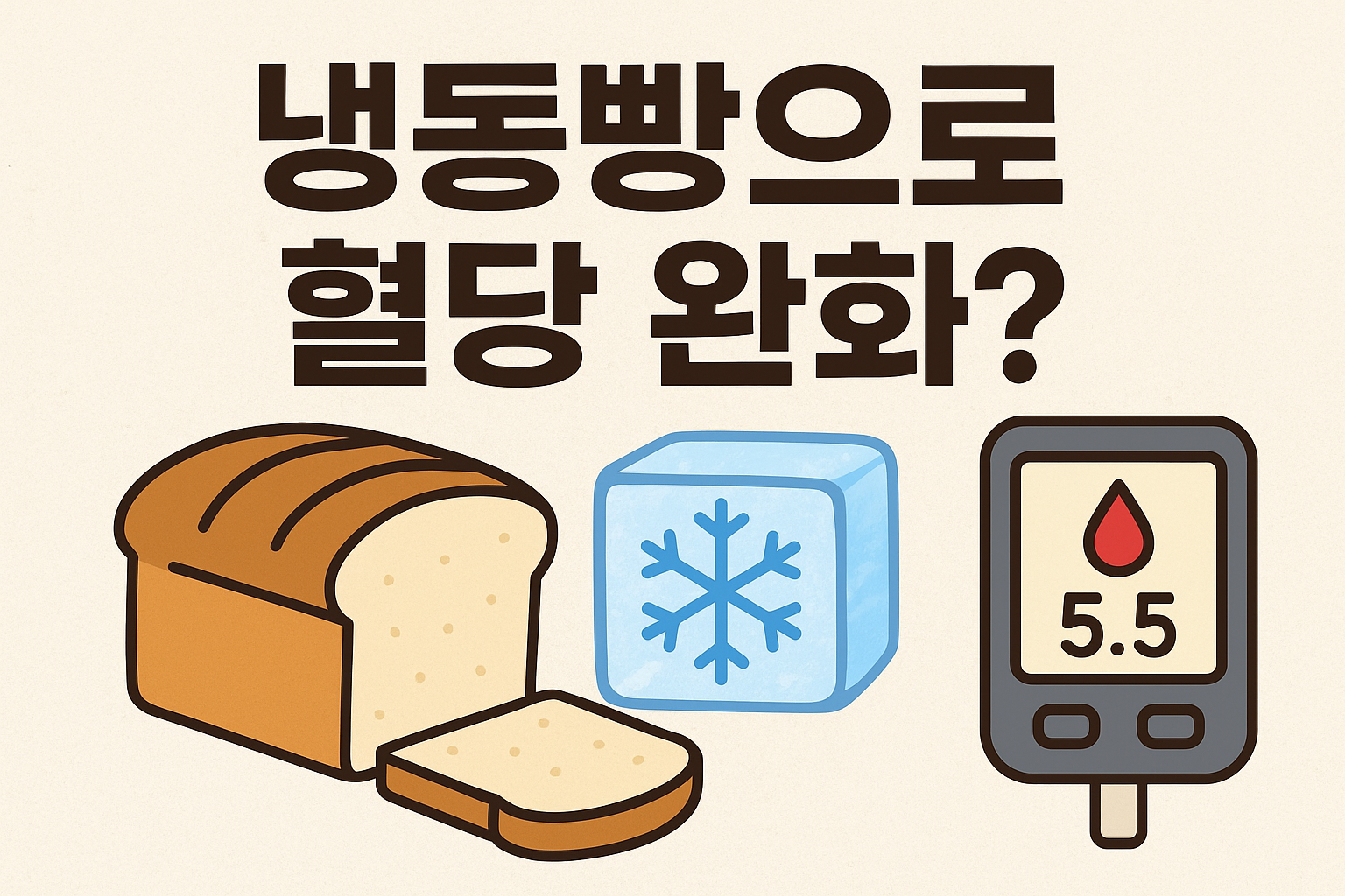 “냉동빵으로 혈당 완화?”라는 문구가 중앙에 쓰인 썸네일 이미지로, 왼쪽에는 식빵 한 덩이와 한 조각이 놓여 있고, 가운데에는 눈송이 모양이 그려진 파란 얼음 조각, 오른쪽에는 혈당 측정기(수치 5.5)가 함께 배치되어 있습니다. 전체적으로 따뜻한 베이지색 배경에 심플하고 귀여운 일러스트 스타일입니다.