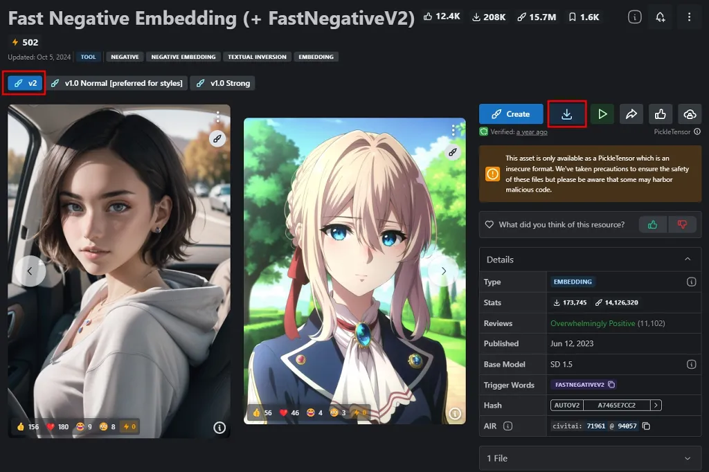 Fast Negative V2 임베딩 다운로드 받기