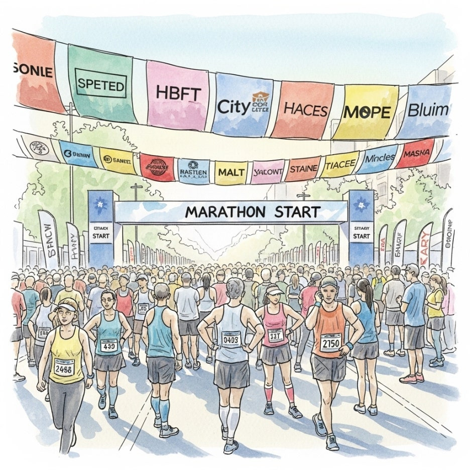 활기찬 분위기의 마라톤 대회 시작점 풍경