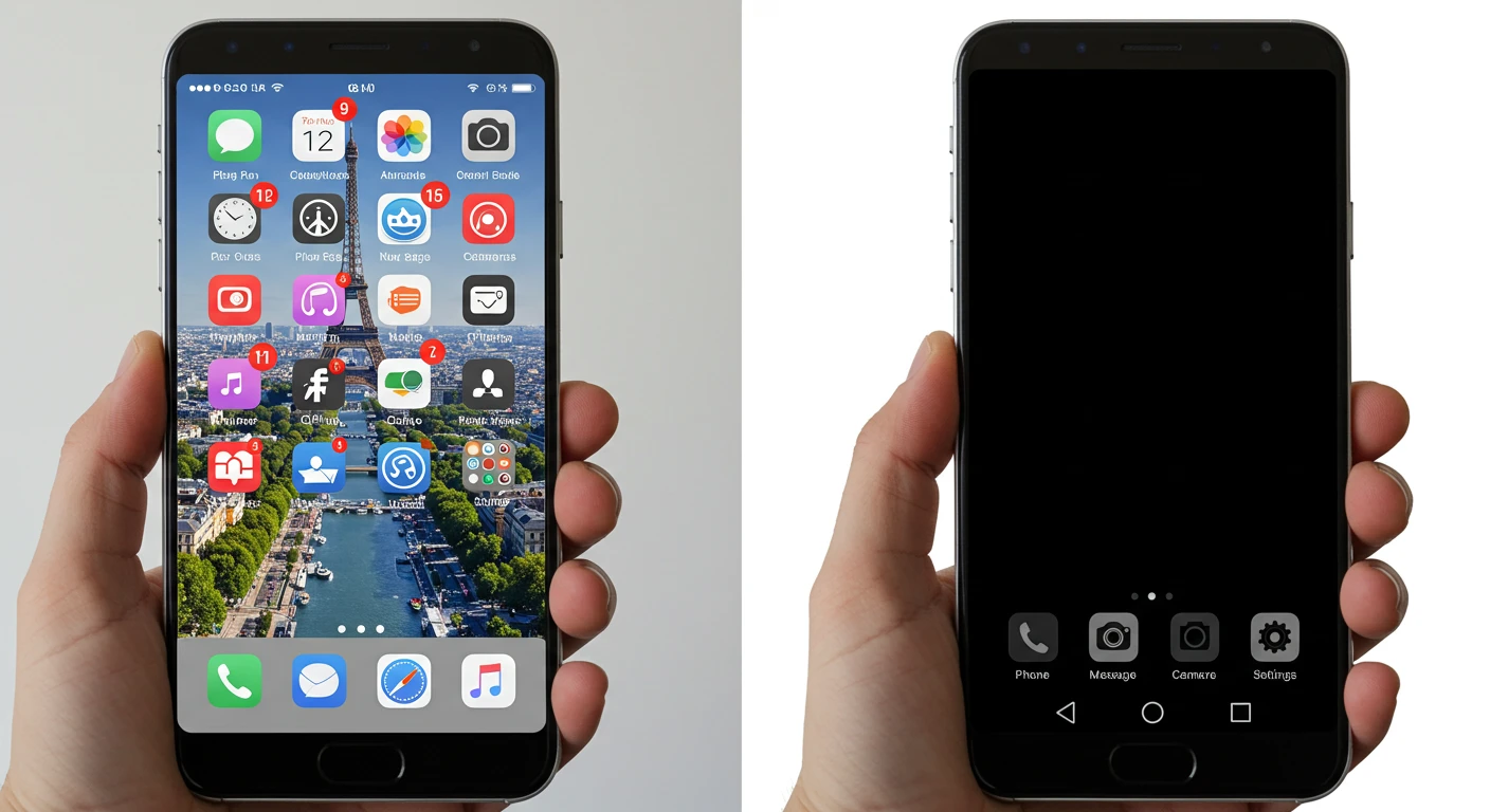 화려한 파리 사진 배경화면과 깔끔한 검은색 단색 배경화면의 스마트폰 홈 화면 비교. 디지털 미니멀리즘의 시각적 효과를 보여주는 이미지입니다.