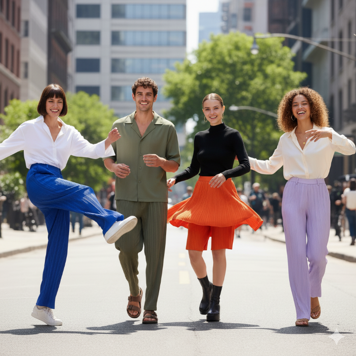 플리츠 팬츠를 입고 자유롭게 움직이는 모습, 전신샷