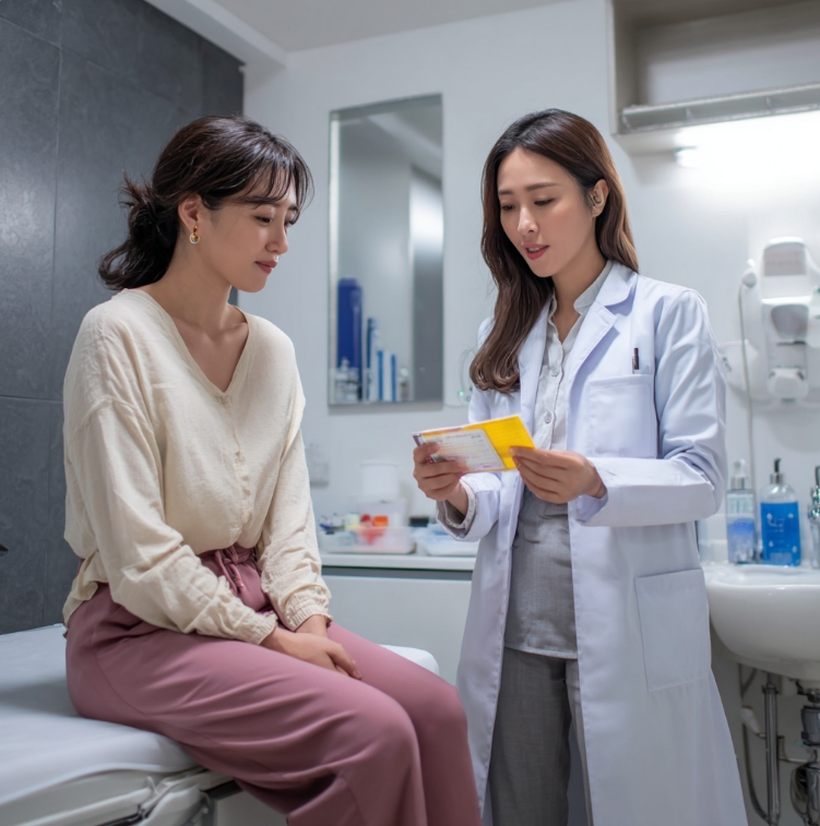 의사와 진료 검진결과를 듣는 여성