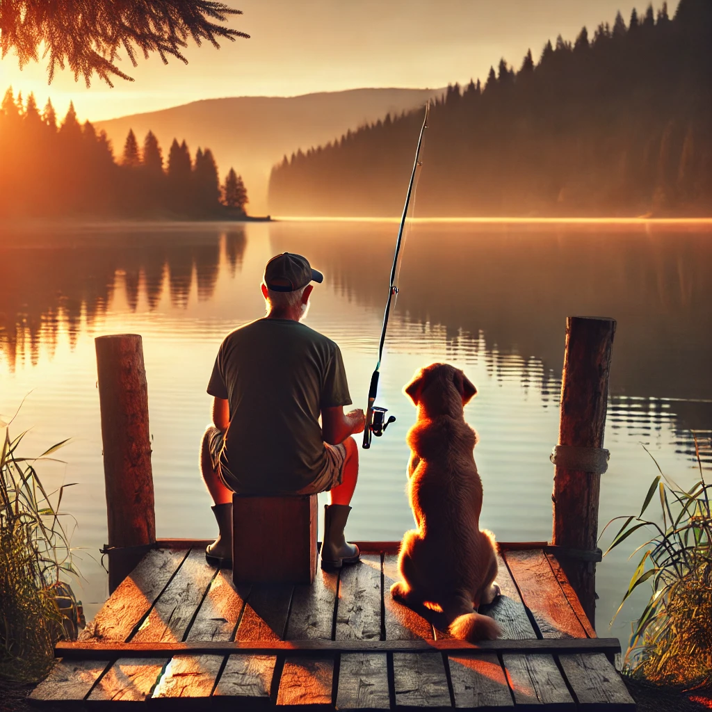 강가에 반려견과 낚시를 함께 하고 있는 보호자