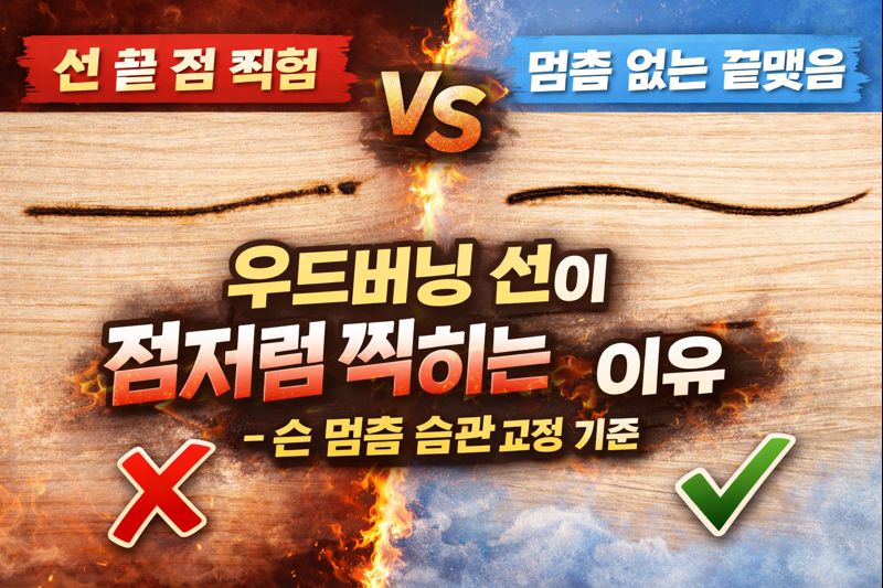 우드버닝 선 끝이 점처럼 찍히는 이유&ndash; 손 멈춤 습관 교정 기준