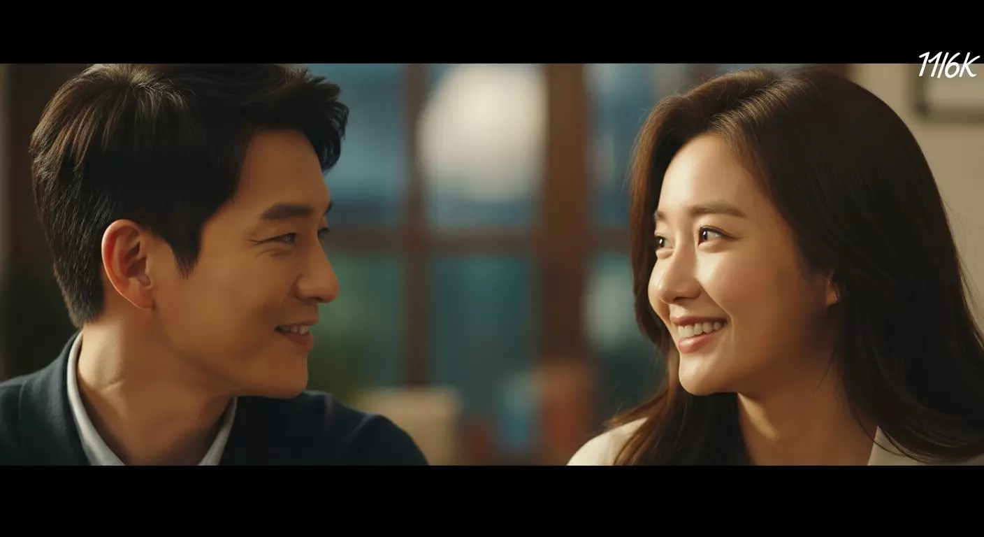 대화 후 서로 미소 짓는 남녀 장면