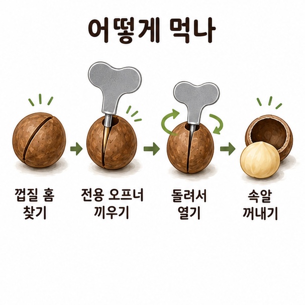 마카다미아 껍질의 홈을 찾고 전용 오프너를 끼워 돌린 뒤 속알을 꺼내는 먹는법을 단계별로 표현한 그림