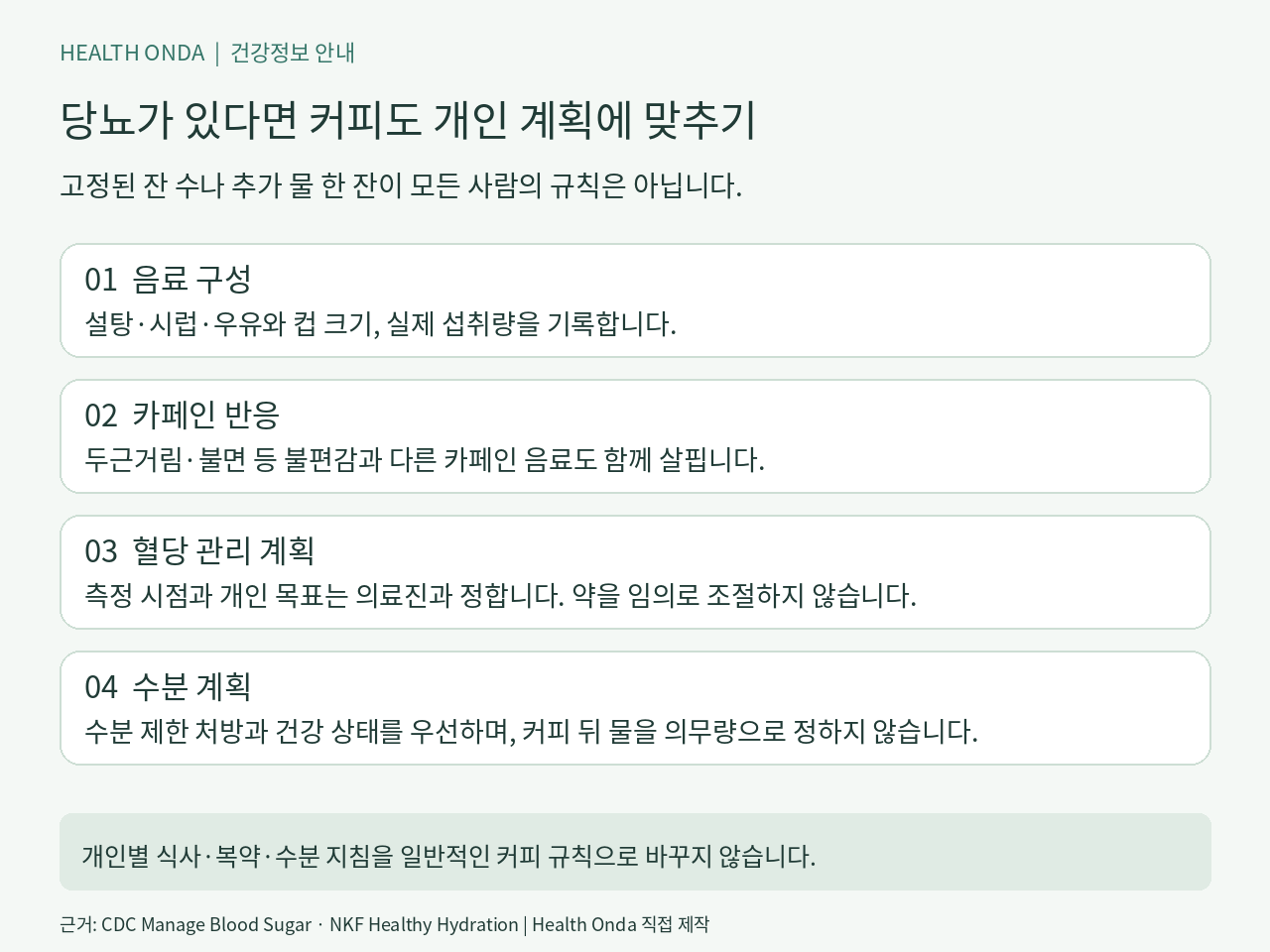 당뇨가 있다면 커피도 개인 계획에 맞추기 안내: 음료 구성, 카페인 반응, 혈당 관리 계획, 수분 계획