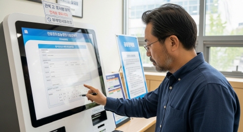 키오스크에서 민원 입력하는 중년 남성