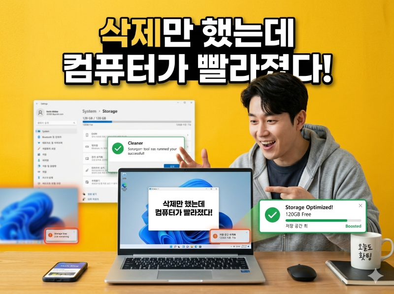 alt="임시파일 삭제 후 컴퓨터 속도가 빨라진 모습을 확인하는 사용자"