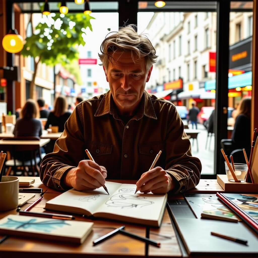 예술가의 일상: 예술가가 일상에서 영감을 받는 모습. 카페에서 스케치하거나, 길거리에서 사진을 찍는 장면.
