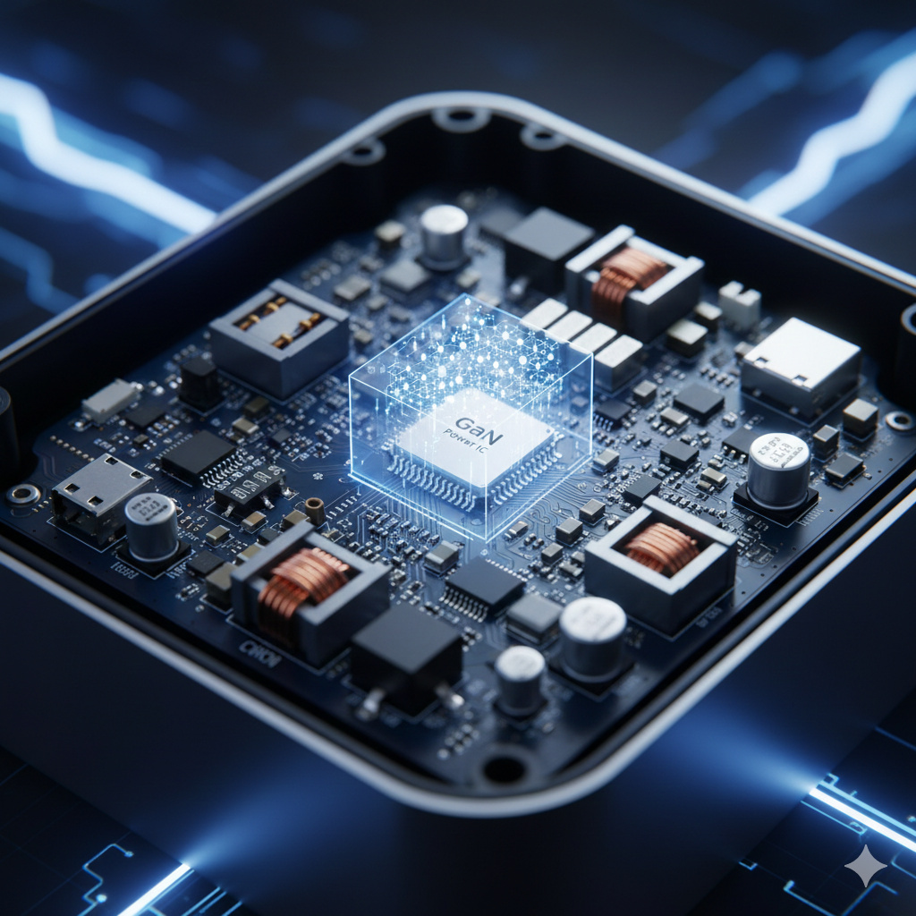 고집적 회로 설계가 적용된 GaN 질화갈륨 충전기 내부 반도체 칩셋의 시각적 상세 이미지