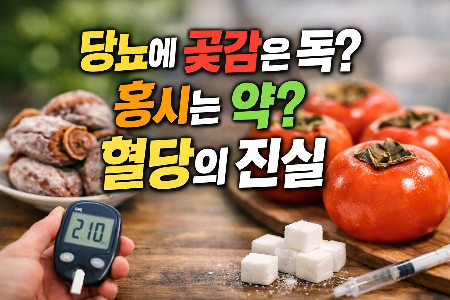 테이블 위에 곶감과 생감(단감), 혈당측정기(2.10 표시), 각설탕과 주사기가 놓여 있고 “당뇨에 곶감은 독? 홍시는 약? 혈당의 진실” 문구가 들어간 이미지