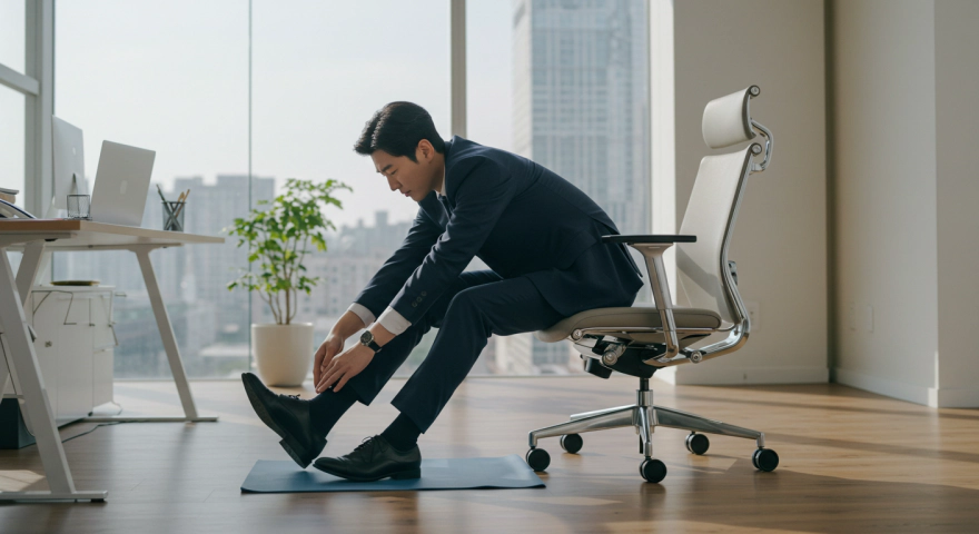 사무실에서 의자에 앉아 종아리 스트레칭하는 한국인 남성