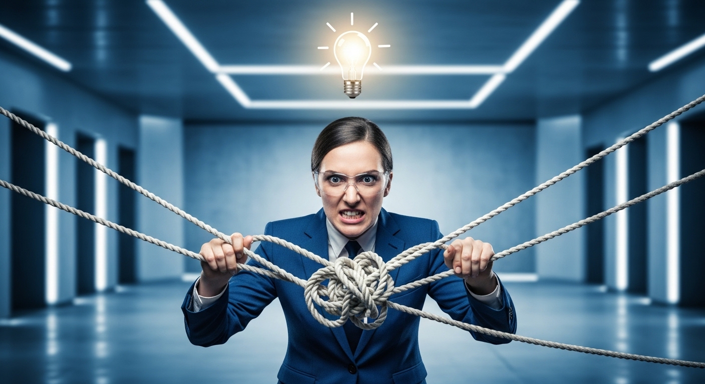 복잡한 문제 앞에서 좌절 대신 기회를 찾는 사람의 모습. 문제 해결 마인드셋을 상징하는 이미지.