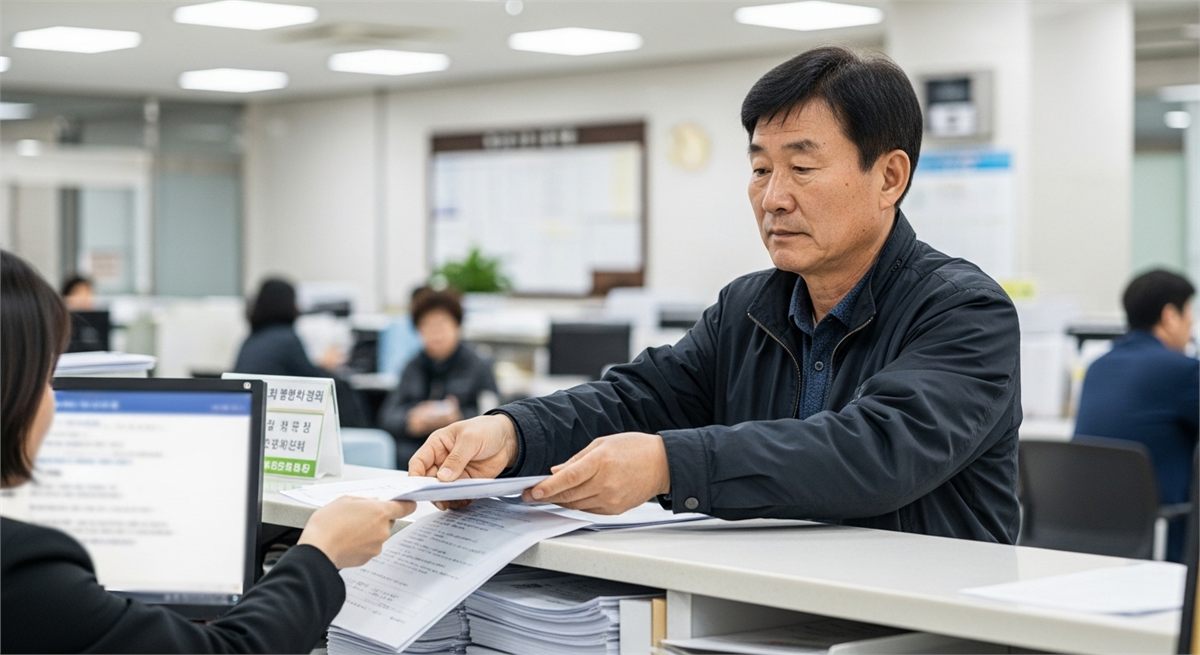국민연금 청구 구비서류를 정리한 책상 장면