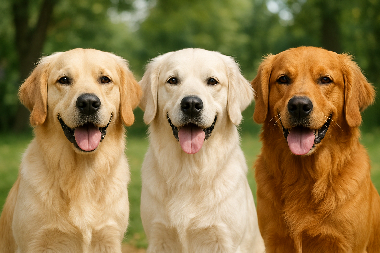 갈색 리트리버, 흰색 리트리버, 진한 갈색 리트리버 ( 각 털 색갈이 다른 리트리버 3마리 사진 )