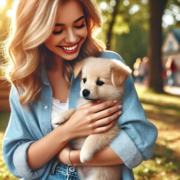 햇살 가득한 공원에서 강아지를 다정하게 안고 있는 젊은 여성의 초고해상도 사진