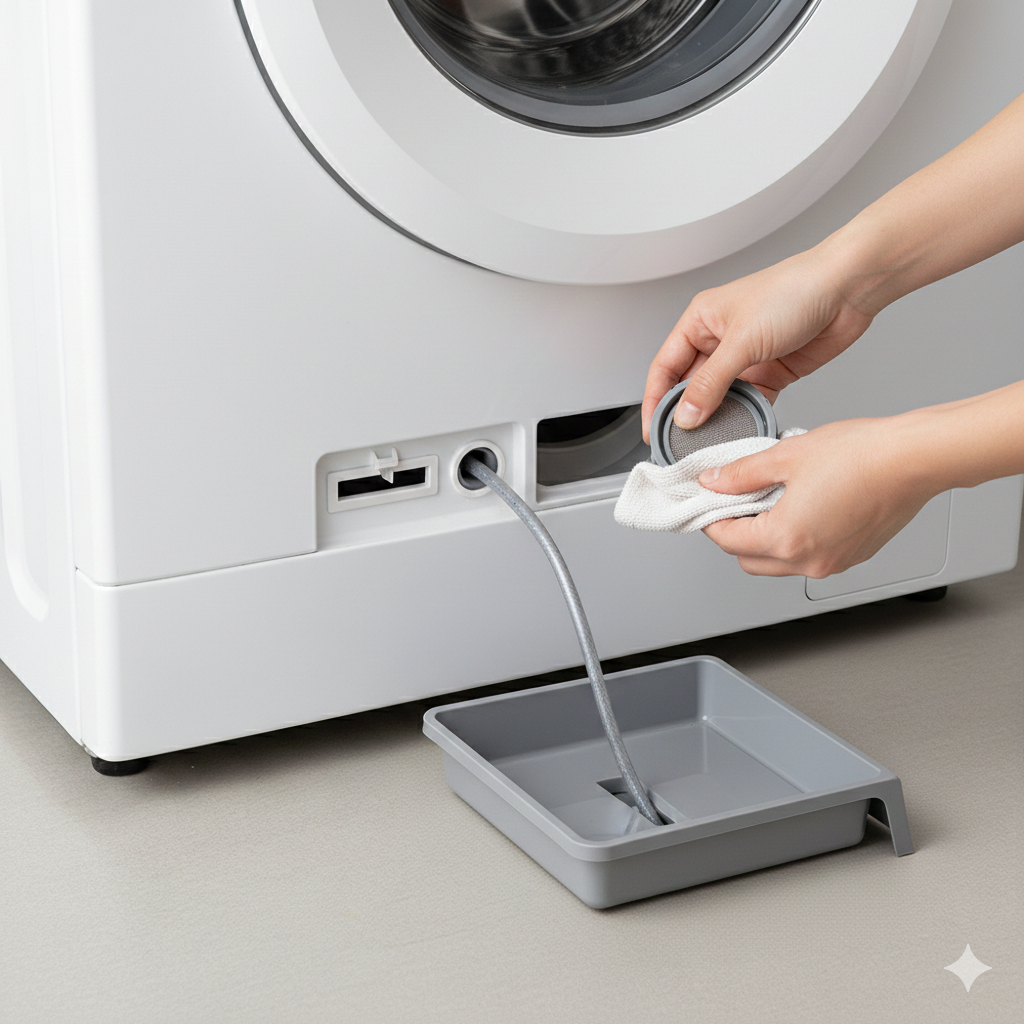 깨끗하게 세척된 세탁기 배수 필터 망과 내부 건조 모습