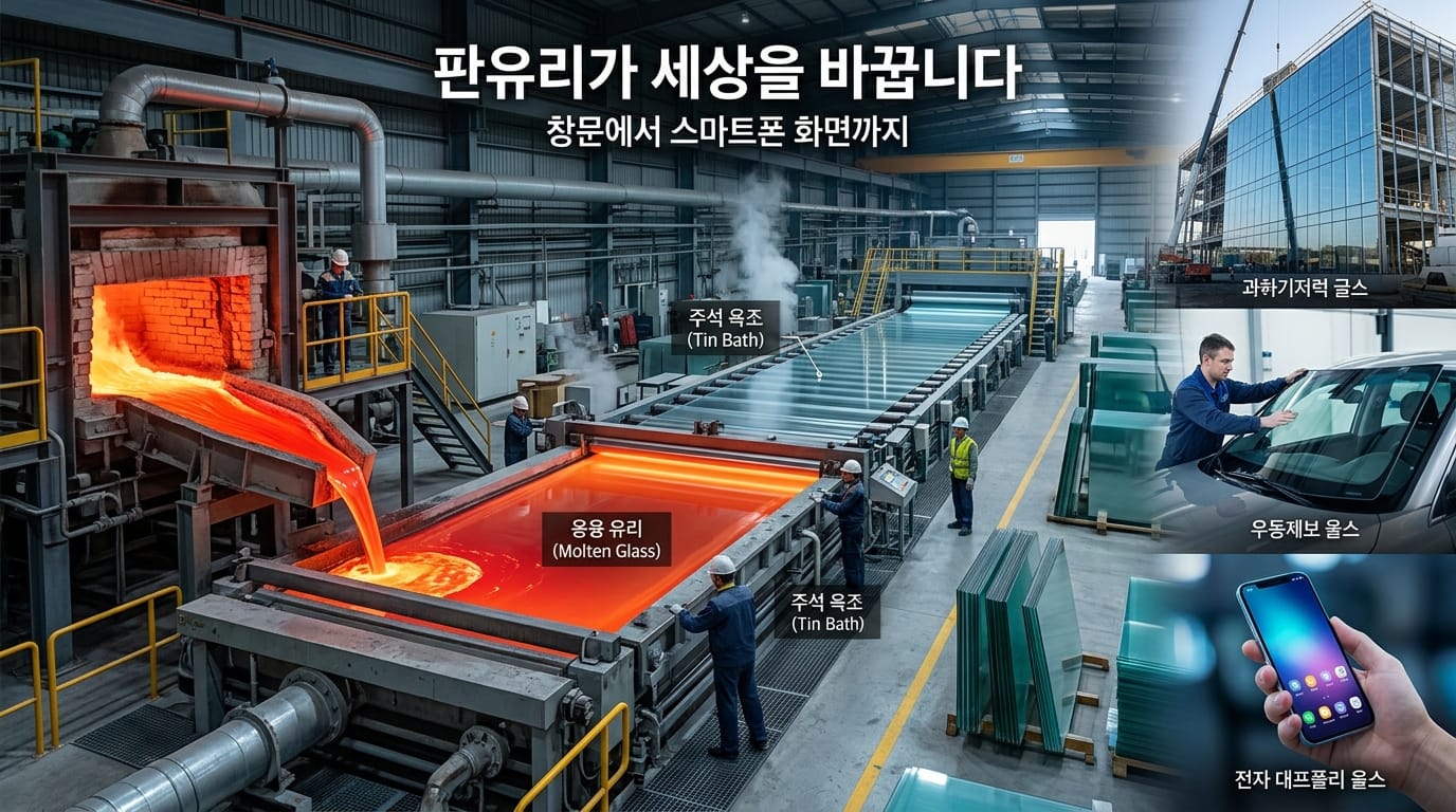 플로트 유리 공법으로 평평한 판유리가 만들어지고 건축 유리와 자동차 유리, 스마트폰 화면으로 이어지는 과정