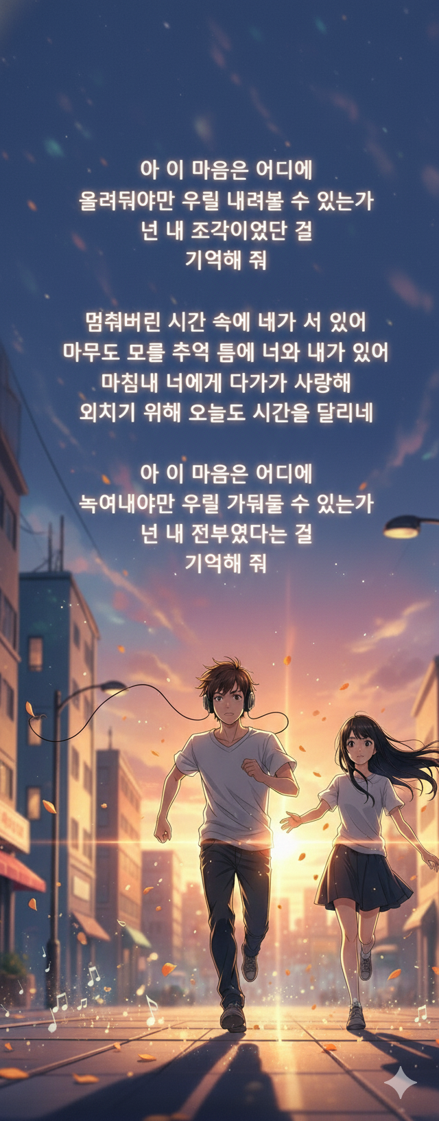 <시간을 달리네> 뮤직비디오 한 장면과 가사 일부