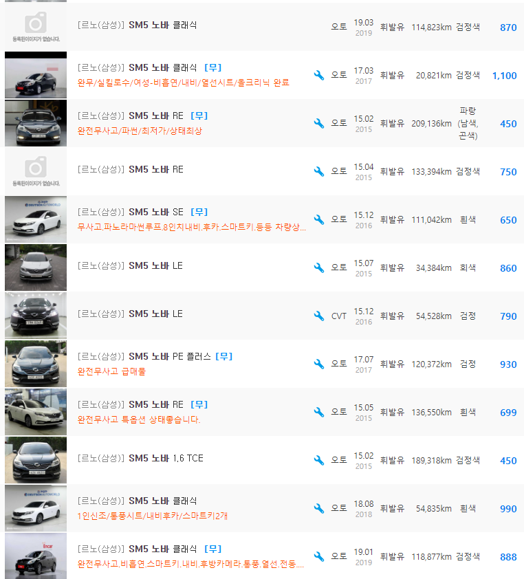 SM5 노바 가솔린 등급 중고차 가격 : 370만원 ~ 1,410만원