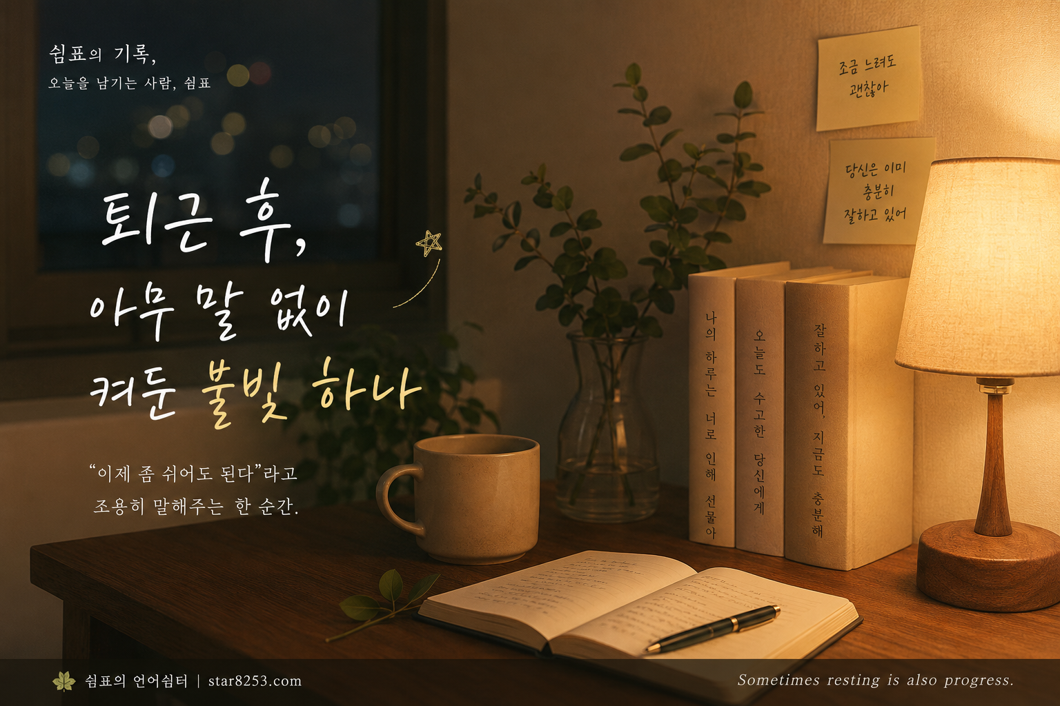 따뜻한 스탠드 불빛 아래 머그컵과 노트가 놓인 밤의 책상 풍경, 조용한 위로의 감성을 담은 티스토리 감성 에세이 이미지
