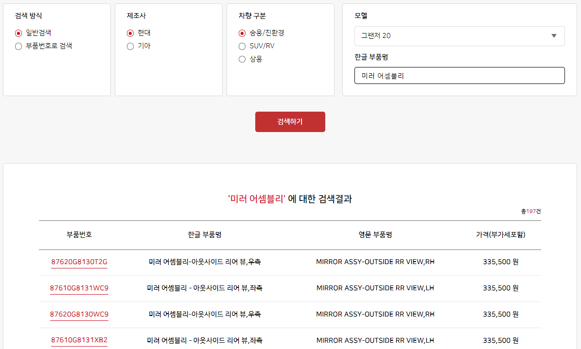 그랜져 어라운드뷰 사이드미러 부품가격