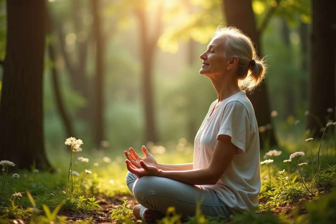 숲에서 명상을 즐기는 여성의 모습