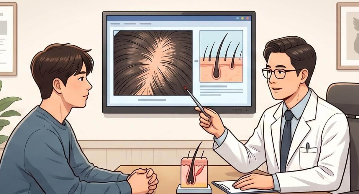두피열로 인해 의사에게 탈모 상담을 받는 장면