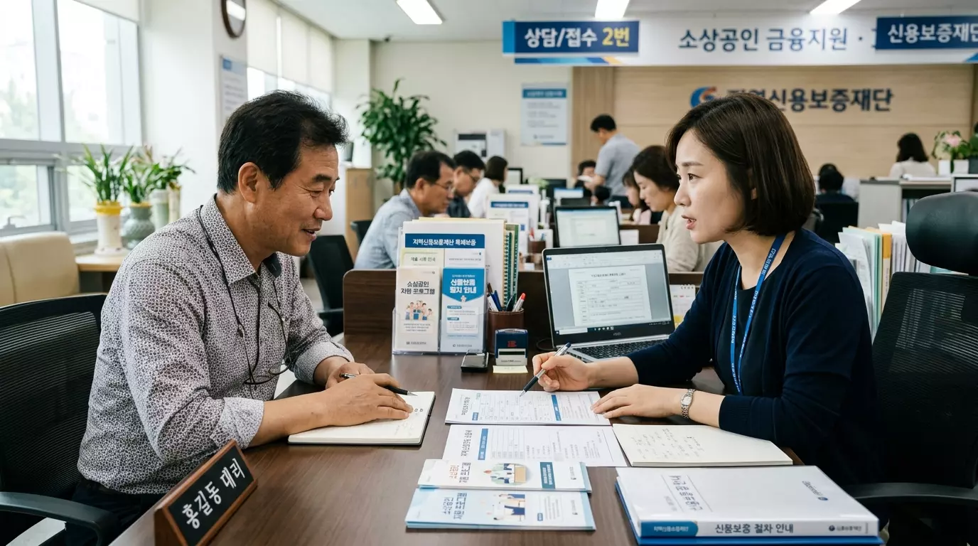 신용보증재단에서 소상공인 대표가 상담하고 있는 장면