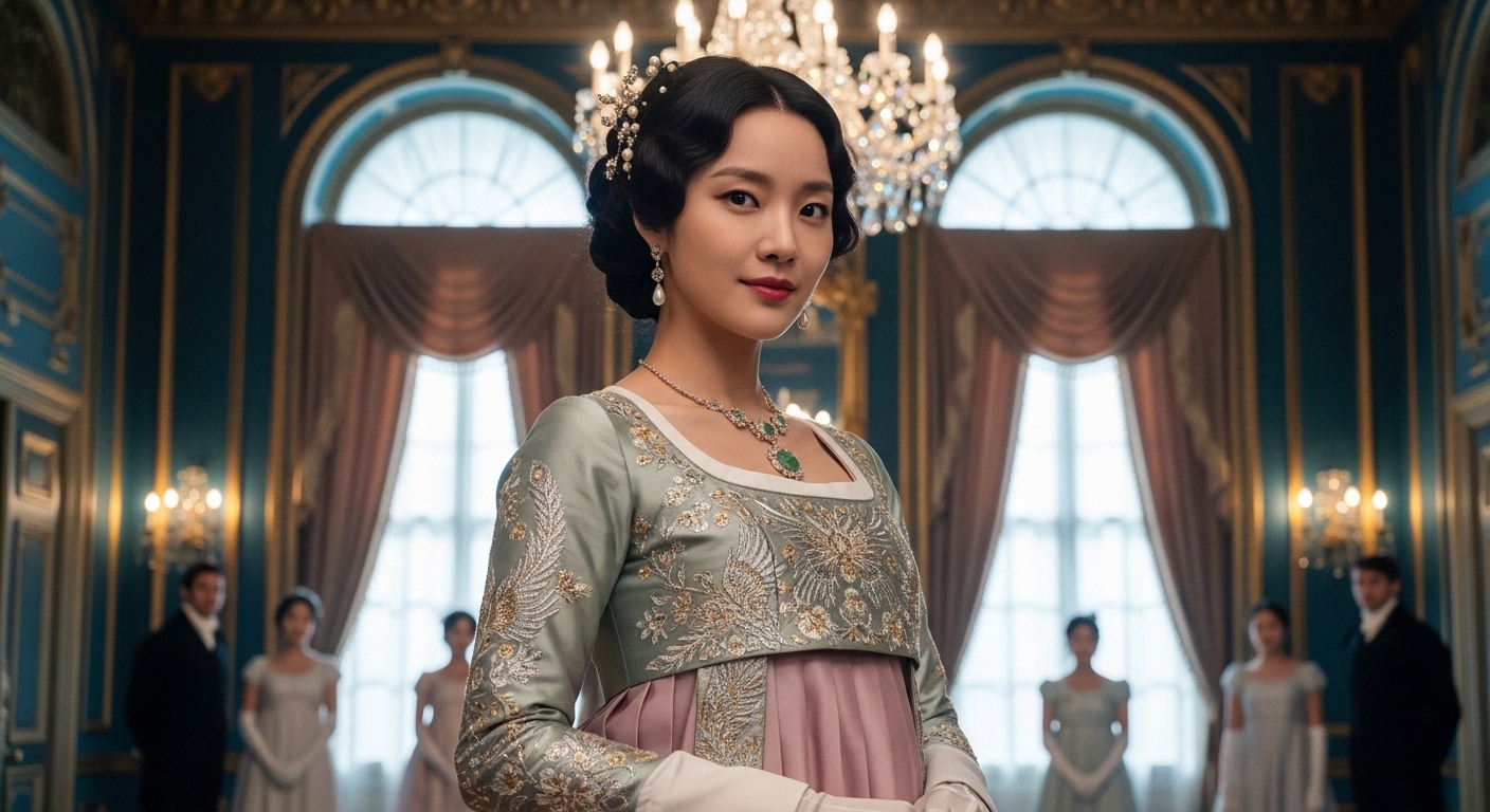 브리저튼 시즌4의 한국계 주연 배우 하예린이 한복 요소를 가미한 리젠시 시대 드레스를 입고 웅장한 무도회장에서 우아하게 서 있는 모습.
