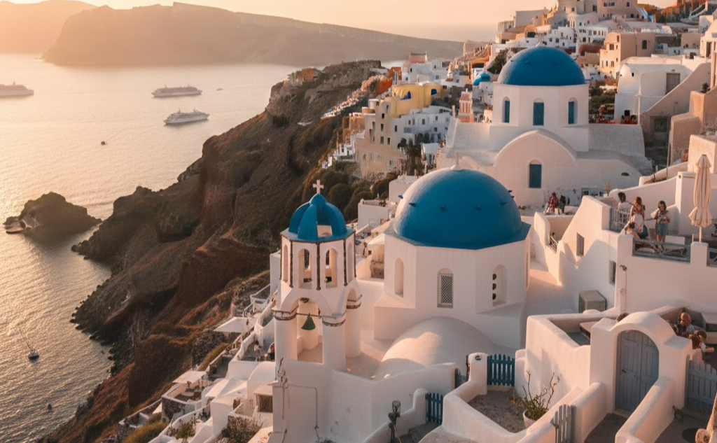 산토리니 이아 마을의 하얀 건물과 파란 돔, 에게해 전망