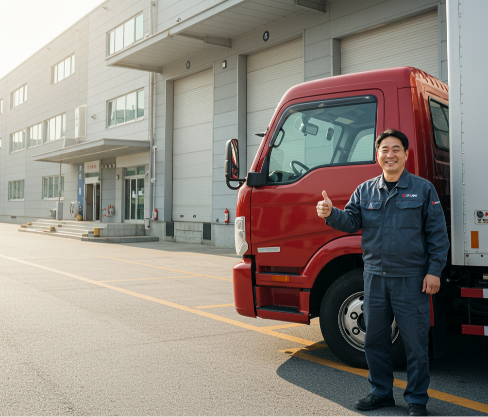 화물운송자 트럭 앞 자신감