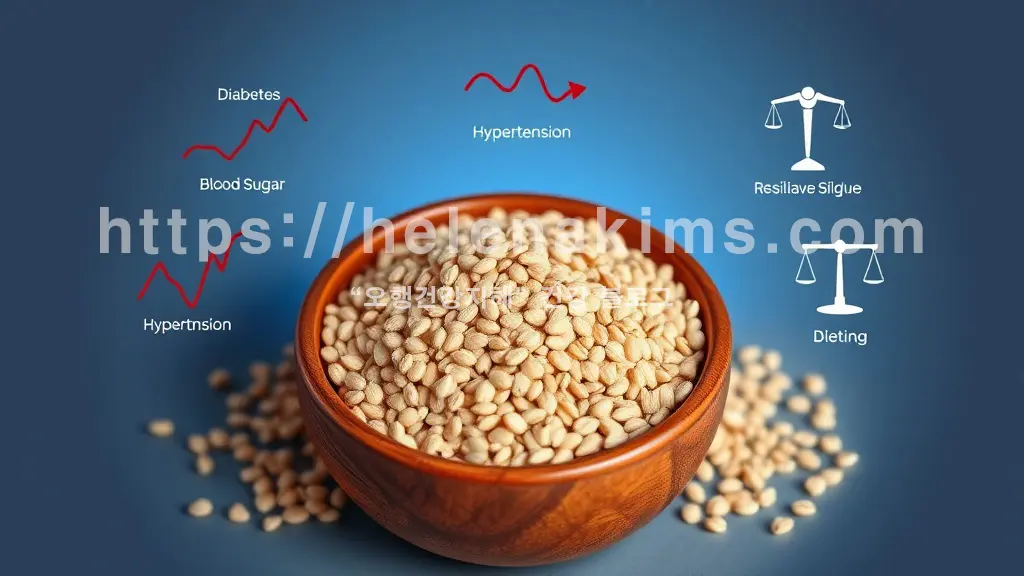 신선한 메밀 알곡이 우아한 나무 그릇에 담겨 있습니다. 메밀 알곡 주변으로는 당뇨를 상징하는 안정적인 혈당 곡선 그래픽이 있는 이미지.