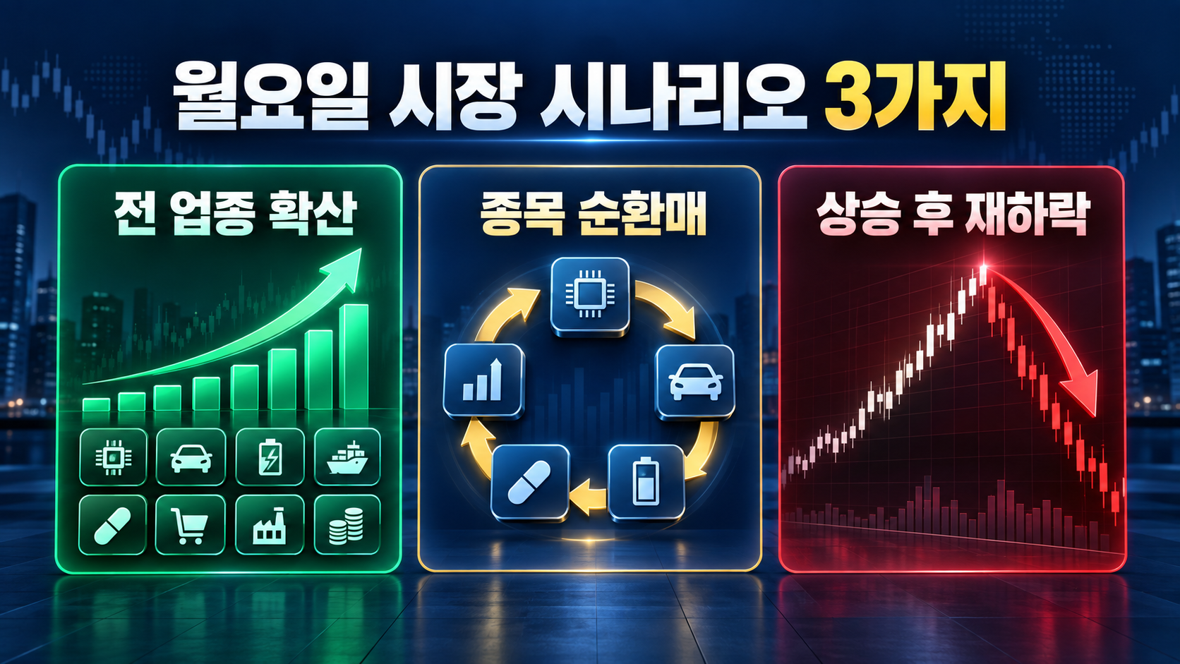 월요일 시장 시나리오 3가지
전 업종 확산 &middot; 종목 순환매 &middot; 상승 후 재하락