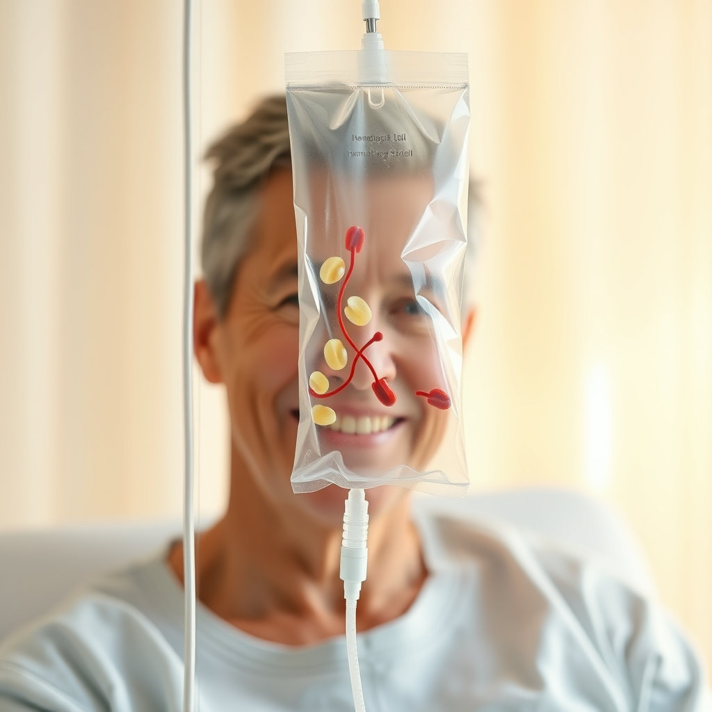 투명한 수액 백에 담긴 조혈모세포가 정맥을 통해 환자에게 주입되는 모습을 그립니다. 환자의 얼굴은 편안하고 밝은 표정이며, 주변에는 따뜻한 빛이 감돌아 회복의 기운을 나타냅니다.