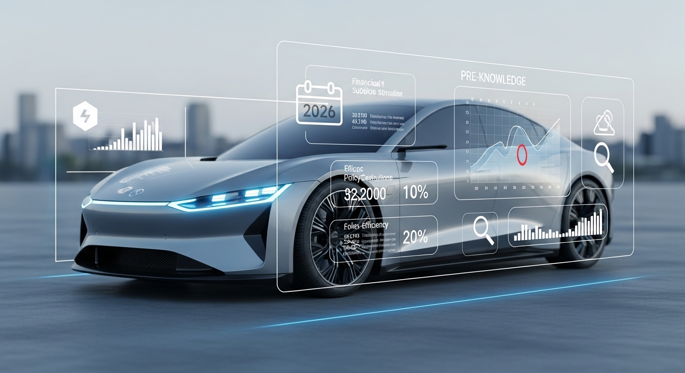 2026년 전기차 보조금 정책의 변화를 미리 탐색하는 장면, 복잡한 데이터와 예산 그래프가 미래형 전기차 주변에 투영되어 중요한 정보를 시사한다.