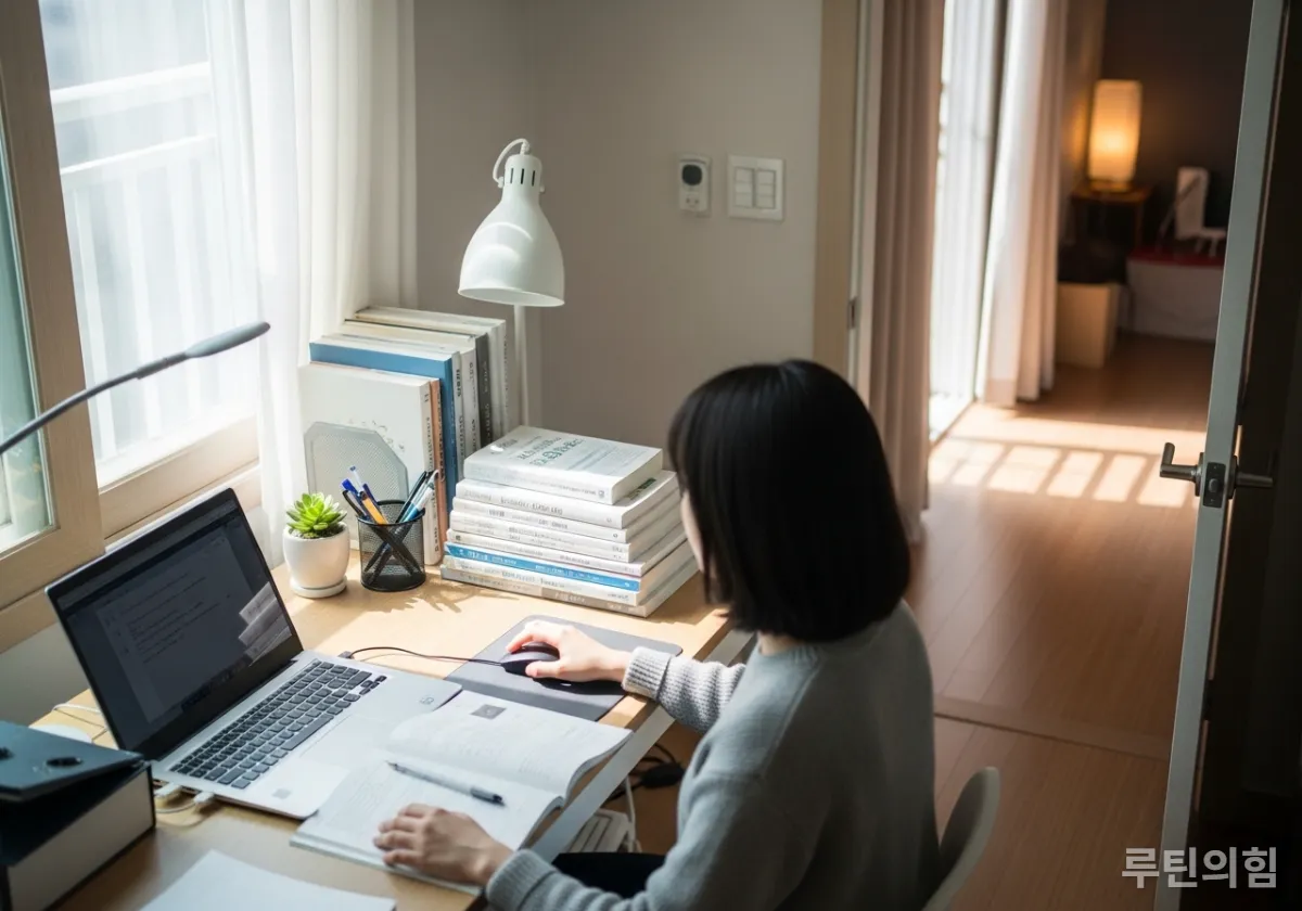 방문이 대각선으로 보이는 안정적인 책상 배치 예시