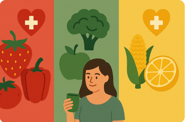 빨강 초록 노랑 색깔별 음식과 건강 효과를 표현한 이미지
